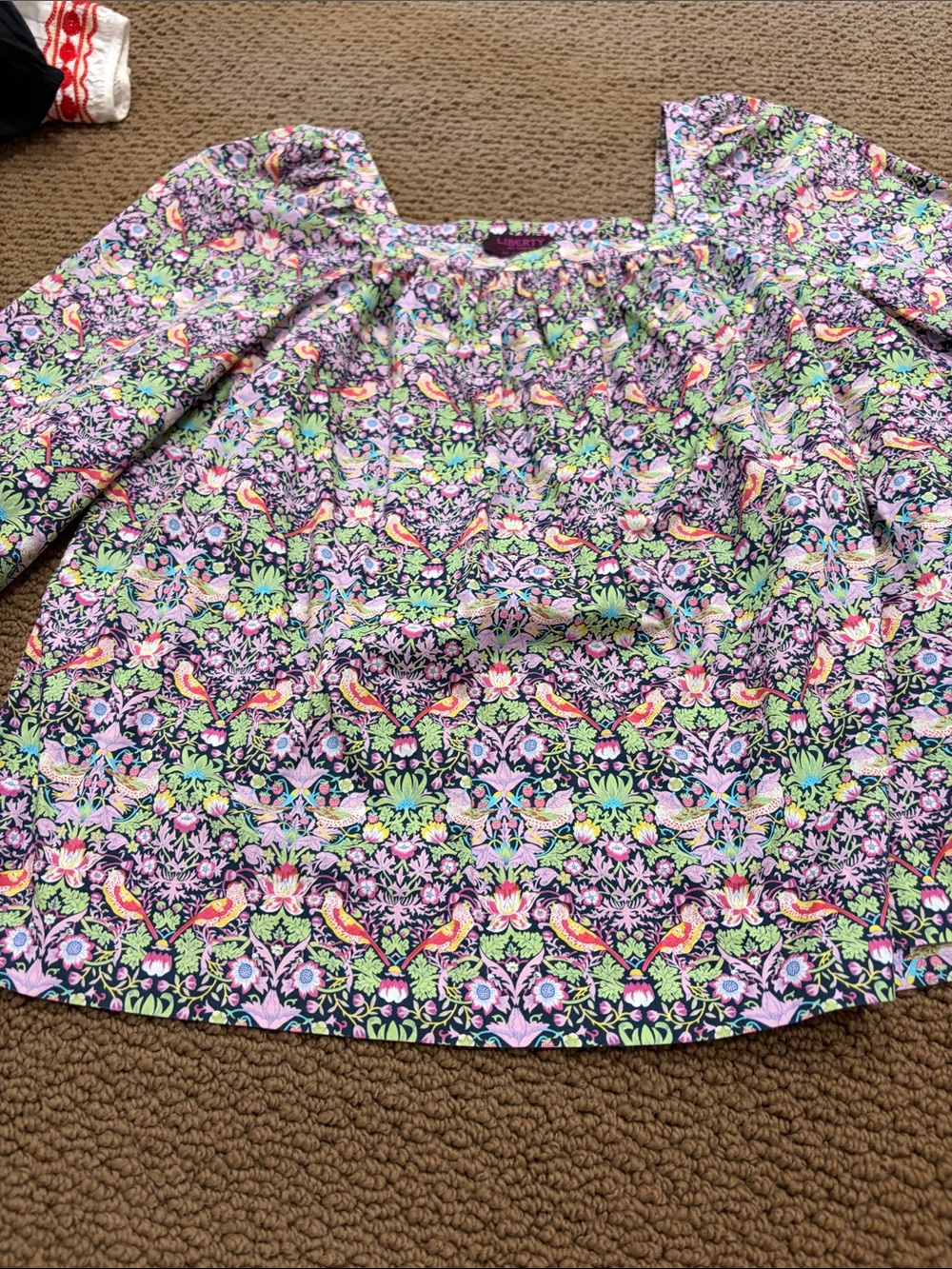 Liberty x J.Crew Floral Bird Print Peasant Top in Lavender & Green